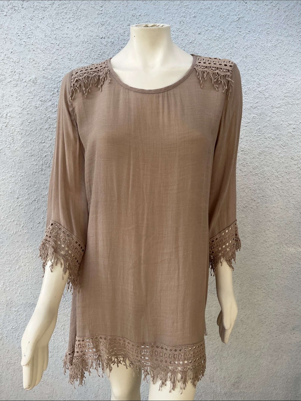 CAL STYLE USA Dress Brown Sheer Fringe Boho Western Crochet Fairy SZ: L